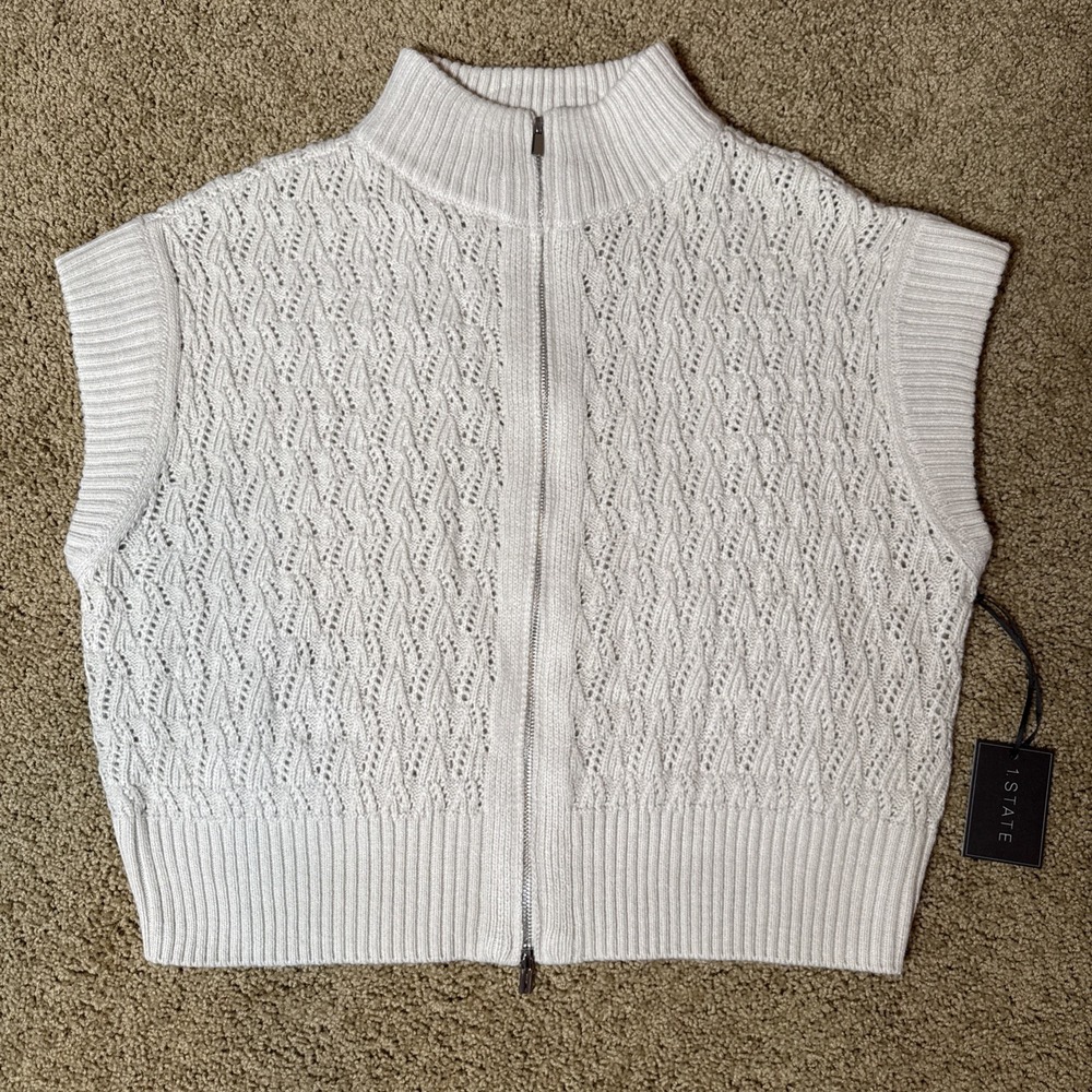 1. State Women's Large Beige Boxy Sweater Vest Full Zip Mock Neck NEW